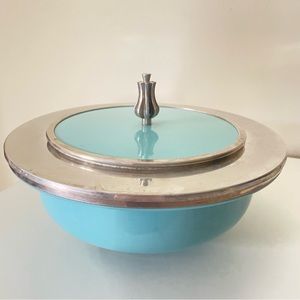 1950s B W Buenilum Turquoise Blue Aluminum Footed Serving Dish Lid MCM